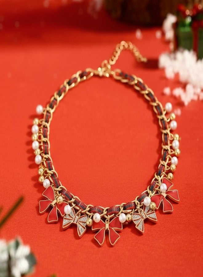 HolidayQbee Christmas Bow Charm Necklace for Women Dainty Cute Christmas Necklace Minimalist Handmade Pearl Necklace for Holiday Jewlery Gifts - Image 5